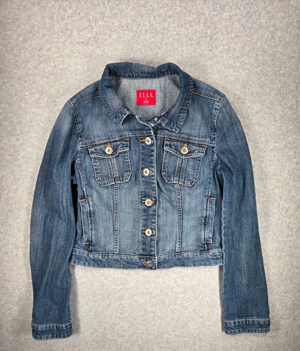 ELLE Cropped Denim Jacket Women's Size S Dark Wash Stretch Blue Jean Trucker